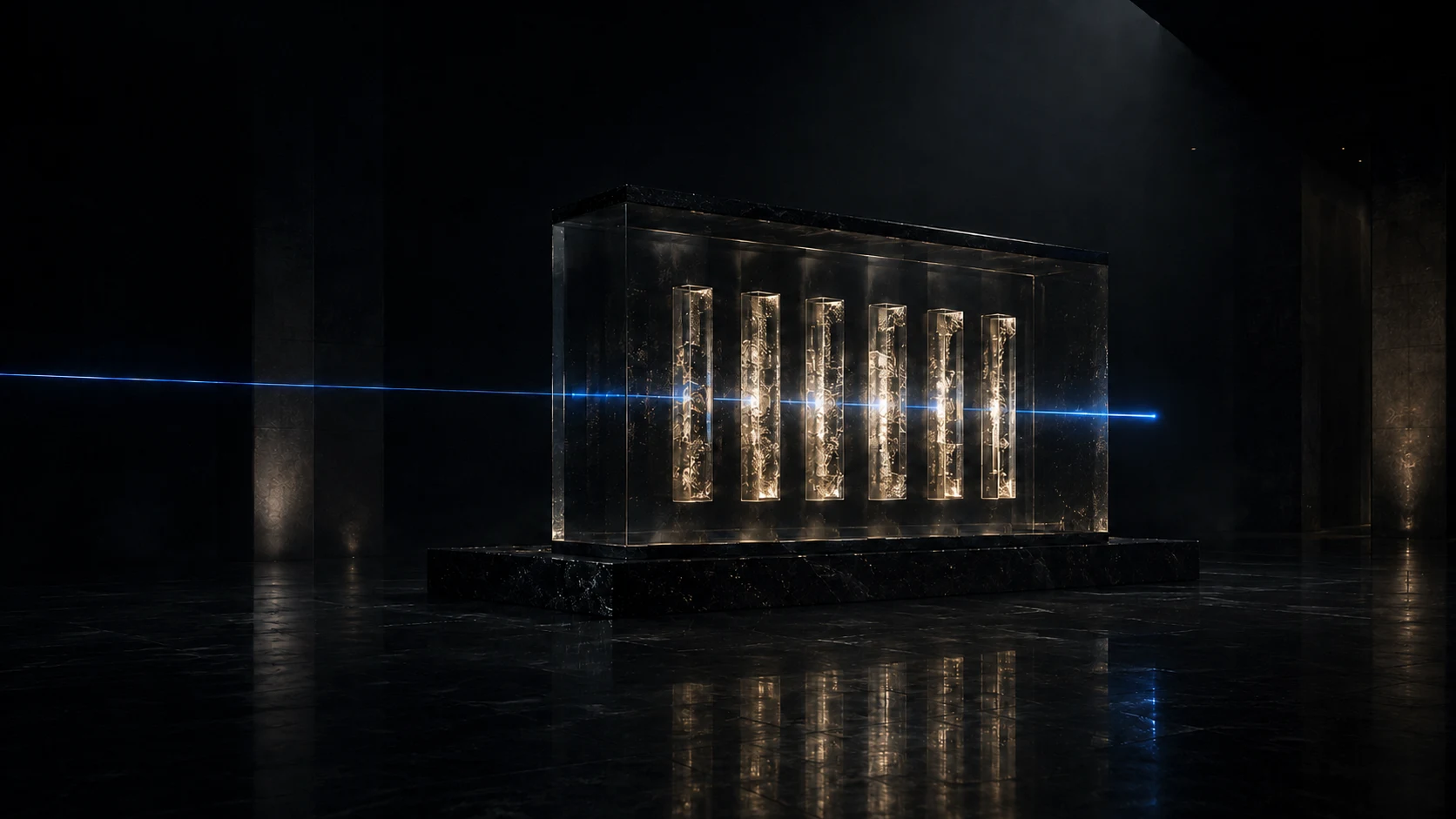 Six illuminated intelligence records preserved in a black glass archive